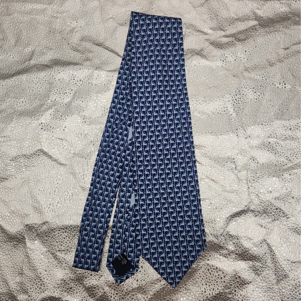 Tie Salvatore Ferragamo Navy Blue Stylized Whale 100% Silk Necktie Italy Vintage